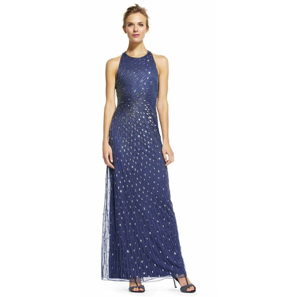 Adrianna Papell Navy Blue Silver Starburst Beaded Backless Gown 8 NEW